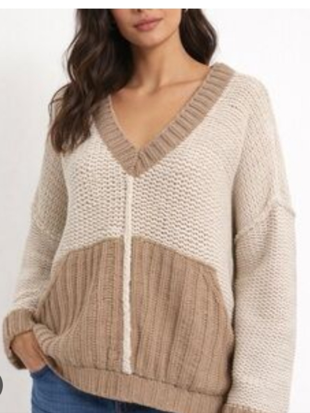 POL Two-Tone V-Neck Knit Sweater in Cream and Taupe Oversized